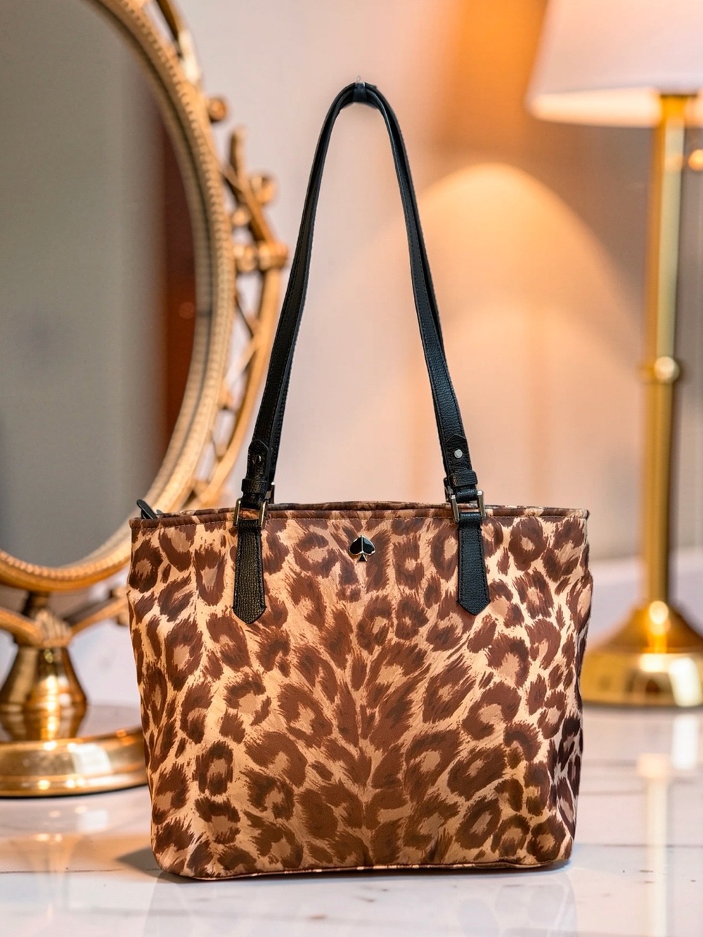Kate Spade Pre-Loved Animal Leopard Print Tote Bag Black Shoulder Straps (P271)